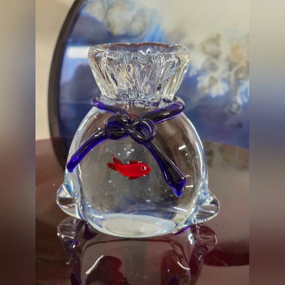 Bella Casa By GANZ Art Glass Paperweight Gold Fish In A Bag Blue Orange